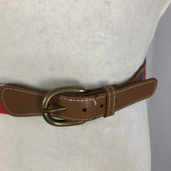 Vintage Leather Belt Red Floral Pattern Brown Leather Buckle Size XS/S - Picture 3 of 6